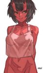  1girl black_hair bottomless breasts colored_skin horns kidouko_(zakusi) large_breasts looking_at_viewer looking_to_the_side naked_shirt navel oni orange_eyes original out-of-frame_censoring parted_lips red_oni red_skin shirt short_hair signature simple_background smile solo symbol_commentary white_background zakusi 