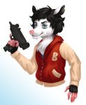  2019 anthro black_hair blue_eyes clothed clothing didelphid eyebrows fur gun hair hi_res jacket looking_at_viewer male mammal marsupial pimpartist pink_body pink_fur pink_nose ranged_weapon simple_background solo submachine_gun topwear traditional_media_(artwork) uzi weapon white_background white_body white_fur 