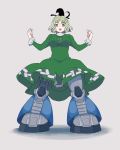  1girl :d black_headwear breasts commentary_request cross-laced_clothes dress full_body green_dress green_eyes green_hair grey_background gundam hands_up hat highres jean_(jean_sp) large_breasts looking_at_viewer mechanical_legs ofuda open_mouth perfect_zeong short_hair simple_background smile soga_no_tojiko solo standing tate_eboshi touhou v-shaped_eyebrows 