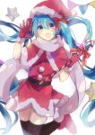  1girl :d bangs black_legwear blue_eyes blue_hair blush boots bow candy candy_cane capelet commentary_request dress eyebrows_visible_through_hair food fur-trimmed_capelet fur-trimmed_dress fur-trimmed_gloves fur-trimmed_headwear fur_trim gloves hair_between_eyes hair_bow hands_up hat hatsune_miku highres holding holding_candy holding_food long_hair open_mouth pennant red_bow red_capelet red_dress red_footwear red_gloves red_headwear santa_costume santa_hat simple_background smile solo standing standing_on_one_leg star_(symbol) string_of_flags thighhighs twintails very_long_hair vocaloid white_background yuruno 