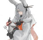  1girl animal_ears arknights bunny_ears coat eyebrows_visible_through_hair frostnova_(arknights) grey_eyes grey_hair hair_ornament hair_over_one_eye hairclip highres holding holding_mask long_hair looking_at_viewer mask mikojin simple_background snow solo standing upper_body white_background white_coat 