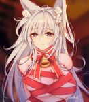  1girl absurdres animal_ear_fluff animal_ears areola_slip areolae azur_lane bangs bare_shoulders bell blue_eyes blush breasts cleavage closed_mouth eyebrows_visible_through_hair fox_ears fox_girl hair_ornament highres kitsune large_breasts lave2600 long_hair looking_at_viewer merry_christmas naked_ribbon red_ribbon ribbon shinano_(azur_lane) solo 