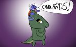  2018 ambiguous_gender anthro blue_body chameleon duo english_text flat_colors gradient_background green_body kobold lizard loskra prisma_lin_(artist) reptile scalie simple_background size_difference sovrim_terraquian speech_bubble text unamused watermark 
