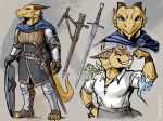  ambiguous_gender anthro armor blue_eyes cloak clothing dragonborn dungeons_and_dragons fantasy female flexing grin group hasbro headshot_portrait horn kobold melee_weapon multiple_poses muscular muscular_female portrait pose scabbard shield smile solo_focus sword tamlin123 weapon wizards_of_the_coast 