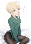  1girl ahoge alternate_costume artoria_pendragon_(all) bangs between_legs black_legwear blonde_hair blush braid breasts commentary_request earrings eyebrows_visible_through_hair fate/stay_night fate_(series) green_eyes green_leotard green_sweater highres jewelry leotard long_sleeves looking_at_viewer open_mouth pantyhose saber short_hair sidelocks simple_background sitting solo suzuakks sweater thighband_pantyhose translation_request white_background 