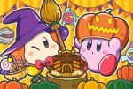  ;) banner basket blue_eyes blush_stickers bow bowtie broom candy castle channel_ppp commentary_request food foorlowber ghost halloween hat invincible_candy kirby kirby_(series) lollipop mumbies_(kirby) official_art one_eye_closed orange_background orange_eyes pumpkin pumpkin_hat red_neckwear simple_background sitting smile striped striped_background tedhaun_jr. waddle_dee witch_hat 