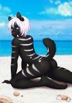  2017 anthro beach black_body black_fur breasts day deerstail detailed_background digital_media_(artwork) felid female fingers fur machairodontine mammal outside sand seaside shoreline sky smile solo toes water 