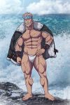  1boy abs absurdres bara bare_pecs beard blue_eyes bulge facial_hair full_body fundoshi fur-trimmed_jacket fur_trim granblue_fantasy highres jacket jacket_on_shoulders japanese_clothes male_focus muscular muscular_male mustache navel nipples old old_man pectorals photo_background ryans scar scar_on_arm scar_on_chest scar_on_leg short_hair solo soriz stomach thick_thighs thighs underwear wet white_hair white_male_underwear 
