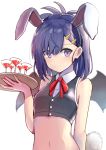  1girl absurdres alcohol animal_ears blue_hair blush breasts bunny_ears bunny_tail closed_mouth crop_top cup demon_girl demon_wings drinking_glass eyebrows fake_animal_ears fake_tail gabriel_dropout hair_ornament hairclip highres holding holding_tray looking_at_viewer navel purple_eyes red_ribbon ribbon short_hair small_breasts smile solo tail tenma-gav tray tsukinose_vignette_april upper_body wine wine_glass wings 