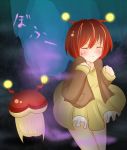  antennae bangs beige_dress blush brown_jacket cave clenched_hand closed_eyes commentary commentary_request dress fog frown hair_between_eyes highres jacket legs long_sleeves mushroom non_(wednesday-classic) personification pikmin pikmin_(series) red_hair short_hair sweatdrop 