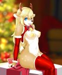  anthro antlers bow brown_body brown_fur capreoline cervid cervine christmas christmas_clothing christmas_present christmas_tree clothing female fur hi_res holidays horn mammal navel nipple_covers plant reindeer ribbons solo tree treyer white_body white_fur 