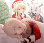  3girls ahoge antlers bangs blanket blonde_hair blue_eyes blue_scarf christmas christmas_tree closed_eyes commentary_request dress ebiry_fy fake_facial_hair fake_mustache finger_to_mouth flower fur-trimmed_headwear garland_(decoration) genshin_impact gift hair_between_eyes hair_ornament halo hat hat_flower highres holding holding_gift indoors klee_(genshin_impact) low_twintails lumine_(genshin_impact) lying multiple_girls nervous on_side ornament paimon_(genshin_impact) partial_commentary pillow pointy_ears red_dress red_nose reindeer_antlers santa_costume santa_hat scarf short_hair short_hair_with_long_locks sidelocks sleeping twintails upper_body white_hair yellow_eyes 