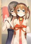  2girls :q arms_behind_back babydoll bangs bare_shoulders bell bell_collar blurry blurry_background blush breasts brown_hair china_moeka christmas closed_mouth clover_hair_ornament collar collarbone commentary_request covered_collarbone covered_navel depth_of_field eyebrows_visible_through_hair hair_ornament hands_up head_tilt high_school_fleet highres leash long_hair looking_at_viewer minutachi misaki_akeno multiple_girls naked_ribbon naughty_face red_collar red_ribbon ribbon side_ponytail small_breasts smile strap_slip tongue tongue_out underwear yuri 