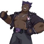  1boy bag bara bare_pecs commentary cropped_jacket dark_skin dark_skinned_male dizdoodz ear_piercing english_commentary facial_hair fingerless_gloves gen_1_pokemon gengar gloves goatee grey_bag grey_pants highres jacket jewelry male_focus multiple_boys muscular muscular_male necklace nipples open_clothes open_jacket pants pectorals personification piercing pink_eyes pokemon short_hair short_sleeves shorts shoulder_bag sideburns smile socks solo spiked_hair stomach teeth thumbs_up zipper 