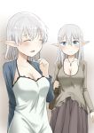  bangs big_breasts blue_eyes blush bottomwear breasts cleavage clothed clothing duo elf eyes_closed female hair hi_res humanoid jewelry kubikiri long_hair necklace not_furry open_mouth purse shirt simple_background skirt smile tank_top topwear white_hair 