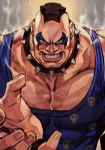  1boy abigail_(final_fight) angry armlet black_hair blue_shirt clenched_teeth collar collarbone face facepaint final_fight hand_up hungry_clicker mohawk muscular nose palms shirt spiked_collar spikes street_fighter street_fighter_v strong tank_top teeth 