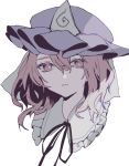  1girl black_neckwear black_ribbon bright_pupils dot_nose hair_between_eyes hat looking_at_viewer medium_hair migihidari_(puwako) neck_ribbon parted_lips pink_eyes pink_hair portrait purple_headwear ribbon saigyouji_yuyuko simple_background solo touhou triangular_headpiece white_background white_pupils 