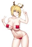  1girl ahoge antlers bangs bare_shoulders bikini blonde_hair blush braid breasts cleavage closed_mouth collarbone commentary contrapposto cowboy_shot double_v eyepatch_bikini fate/grand_order fate_(series) green_eyes hair_between_eyes large_breasts looking_at_viewer mahou_kyuuri navel nero_claudius_(fate) nero_claudius_(fate)_(all) red_bikini reindeer_antlers short_hair simple_background skindentation smile solo standing strapless strapless_bikini swimsuit v white_background 