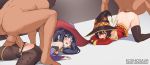 2boys absurdres anal artist_name ass bandaged_leg bandages bangs bar_censor black_gloves black_hair black_legwear blush breasts censored clothed_female_nude_male clothed_sex commentary_request dress dress_lift genshin_impact gloves hat hetero highres koshio lying megumin mona_(genshin_impact) multiple_boys navel no_panties nude on_stomach open_mouth pantyhose penis prone_bone pussy red_dress red_eyes sex sex_from_behind short_hair star_(symbol) star_print testicles thighhighs top-down_bottom-up torn_clothes torn_legwear twintails watermark web_address witch_hat 