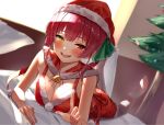  1girl bangs bare_arms barefoot blurry blurry_background blush breasts capelet christmas christmas_tree cleavage commentary_request day dress folded_leg fur-trimmed_capelet fur-trimmed_dress fur_trim hat heterochromia highres hololive houshou_marine index_finger_raised indoors large_breasts looking_at_viewer lying neck_bell nyaa28 on_bed on_stomach open_mouth red_capelet red_dress red_eyes santa_hat two_side_up upper_teeth virtual_youtuber window yellow_eyes 