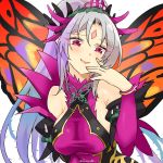  1girl breasts fairy_wings fire_emblem fire_emblem_heroes grey_hair long_hair parted_lips plumeria_(fire_emblem) ponytail red_eyes simple_background solo twitter_username upper_body white_background wings yukia_(firstaid0) 