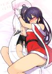  1girl =_= bed_sheet belt black_belt black_hair blush breasts closed_mouth dakimakura_(object) gloves hair_between_eyes hair_ornament hairclip kantai_collection kuroshio_(kantai_collection) long_hair oyashio_(kantai_collection) pillow santa_costume small_breasts smile solo taketora_suzume white_gloves 