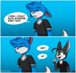  2020 absurd_res anthro blue_body blue_fur canid canine clothing comic dialogue domestic_cat duo english_text felid feline felis fennec fox fur green_eyes hi_res humor jay-r jay-r_(character) male mammal open_mouth page_(jay-r) text url 