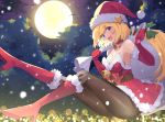  1girl aki_rosenthal bell belt black_legwear blonde_hair blue_eyes boots breasts choker christmas cleavage detached_hair elbow_gloves electriccross elf full_moon gloves hat hat_ornament hololive moon open_mouth pantyhose pointy_ears santa_boots santa_dress santa_gloves santa_hat sky smile snow solo star_(sky) star_(symbol) star_hat_ornament starry_sky twintails virtual_youtuber 