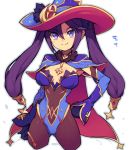  1girl blue_headwear breasts cape cleavage closed_mouth commentary_request eyebrows_visible_through_hair genshin_impact hair_between_eyes hand_on_hip hat long_hair looking_at_viewer medium_breasts metata mona_(genshin_impact) pantyhose purple_eyes purple_hair simple_background smile solo twintails white_background witch_hat 