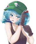  1girl absurdres adjusting_clothes adjusting_gloves alternate_costume arm_up bangs bare_arms black_gloves black_tank_top blue_eyes blue_hair blush breasts collarbone commentary eyebrows_visible_through_hair flat_cap glove_pull gloves green_headwear gumi_(fwjn7284) hair_bobbles hair_ornament hand_on_headwear hand_up hat highres hitodama_print kawashiro_nitori mouth_hold putting_on_gloves short_hair short_twintails sidelocks simple_background small_breasts solo tank_top touhou twintails upper_body white_background 