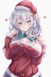  1girl blue_eyes breasts capelet cleavage commentary_request fur-trimmed_capelet fur-trimmed_headwear fur-trimmed_sweater fur_trim hat highres kantai_collection kashima_(kantai_collection) large_breasts looking_at_viewer off-shoulder_sweater off_shoulder official_alternate_costume red_capelet red_headwear red_sweater sa-ya2 santa_hat sidelocks silver_hair simple_background solo sweater twintails upper_body wavy_hair white_background 
