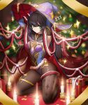 1girl arms_behind_head arms_up bell black_legwear box candle cheogtanbyeong christmas_lights christmas_ornaments christmas_tree coin full_body genshin_impact gift gift_box green_eyes hat highres jingle_bell leotard mona_(genshin_impact) postcard witch_hat 