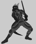  absurd_res argonian armor bethesda_softworks clothed clothing dagger fantasy fighting_pose greyscale hi_res male melee_weapon monochrome pose scalie shield skyrim solo sword the_elder_scrolls video_games weapon 