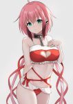  1girl :o absurdres ahoge bangs bare_arms bare_shoulders bikini black_hair blush breasts broken broken_chain chain cleavage collar commentary_request eyebrows_visible_through_hair frilled_bikini frills fur-trimmed_bikini fur_trim green_eyes grey_background hair_between_eyes hair_ribbon highres ikaros long_hair medium_breasts metal_collar multicolored_hair navel parted_lips pink_hair red_bikini red_ribbon ribbon robot_ears simple_background solo sora_no_otoshimono swimsuit two-tone_hair very_long_hair ying_jing_meng 