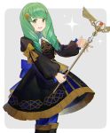  1girl blue_legwear fire_emblem fire_emblem:_three_houses flayn_(fire_emblem) garreg_mach_monastery_uniform green_eyes green_hair grey_background hair_ornament highres holding holding_staff kyufe long_hair long_sleeves open_mouth simple_background solo staff uniform 