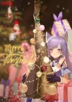  1girl absurdres bare_shoulders black_legwear bound box christmas christmas_lights christmas_ornaments christmas_tree dress feet genshin_impact gift gift_box gloves hat highres keqing legs_up looking_at_viewer pantyhose purple_eyes purple_hair santa_hat tied_up twintails 