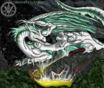  2006 ahastar ahastar_(artist) anthro bodily_fluids dinosaur dragon dromaeosaurid duo english_text feral genital_fluids green_hair green_wings hair male open_mouth reptile scales scalie shiveneve steam text theropod urine watermark watersports western_dragon white_body white_scales wings 