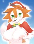  2020 absurd_res anthro areola big_breasts blush breasts canid christmas christmas_clothing christmas_headwear clothing digital_media_(artwork) dusk_lycanroc female green_eyes hat headgear headwear hi_res holding_breast holidays huge_breasts lycanroc mammal nintendo pok&eacute;mon pok&eacute;mon_(species) ruvark santa_hat solo video_games 