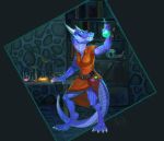  2018 4_toes absurd_res alchemist anthro armor blue_body blue_eyes blue_scales claws female glowing grin hi_res hiccupby holding_glass holding_object kobold laboratory leather leather_armor loskra scales sharp_teeth smile solo teeth toes white_claws 
