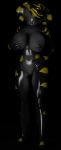  3d_(artwork) anthro black_body blue_eyes breasts cobra digital_media_(artwork) female genitals hand_on_breast hand_on_leg hand_on_thigh hi_res non-mammal_breasts nude pussy reptile scalie snake solo source_filmmaker spots tongue tongue_out yellow_spots 