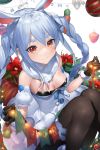  1girl animal_ear_fluff animal_ears arm_cuffs banner black_gloves black_legwear blue_hair bow braid breasts bunny_ears candy candy_cane carrot_hair_ornament christmas christmas_wreath cleavage commentary don-chan_(usada_pekora) feet_out_of_frame food food_themed_hair_ornament from_above fur-trimmed_gloves fur_trim gift gloves hair_ornament highres holding hololive looking_at_viewer mamima medium_breasts multicolored_hair orange_eyes ornament pantyhose reindeer sitting smile solo star_(symbol) twin_braids two-tone_hair usada_pekora virtual_youtuber white_hair 