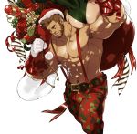  2boys abs arm_up armpit_hair bara bare_pecs beard biceps body_hair box brown_eyes bulge camouflage camouflage_pants candy candy_cane cayden_(dizdoodz) chest_hair christmas dizdoodz earrings facial_hair feet_out_of_frame food gift gift_bag gift_box gloves hat highres jewelry light_brown_hair looking_to_the_side male_focus multiple_boys muscular muscular_male navel nipples on_shoulder original over_shoulder pants pectorals red_pants santa_costume santa_hat shirtless short_hair solo_focus stomach suspenders thick_thighs thighs white_background white_gloves 