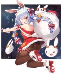  &gt;_&lt; 1girl ;d ahoge animal_ear_fluff animal_ears ass back bag bare_shoulders border braid breasts brown_legwear bunny-shaped_pupils bunny_ears bunny_tail carrot_hair_ornament carrot_print commentary_request food_print food_themed_hair_ornament full_body fur_scarf fur_trim hair_between_eyes hair_ornament hair_ribbon highres holding holding_bag hololive long_hair looking_at_viewer looking_back minecraft mou_tama_maru multicolored_hair night night_sky one_eye_closed open_mouth outside_border panties panties_under_pantyhose pantyhose pom_pom_(clothes) red_eyes red_footwear red_ribbon ribbon santa_dress sky small_breasts smile solo sparkle star_(sky) sunglasses tail thick_eyebrows thigh_strap tnt twin_braids twintails two-tone_hair underwear upskirt usada_pekora very_long_hair virtual_youtuber white_border wrist_cuffs 