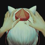  1girl animal_ears behind_another black_background face fingernails googerm hand_in_another&#039;s_hair hands_in_hair hat inubashiri_momiji pale_color pov pov_hands shirt short_hair simple_background sleeveless sleeveless_shirt solo tokin_hat touhou white_hair white_shirt wolf_ears 