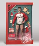  1boy bara box boxer_briefs christmas eyewear_removed facial_hair full_body gift gift_box green_male_underwear hand_on_hip hat highres long_sleeves looking_at_viewer male_focus merry_christmas muscular muscular_male original pectorals red_nose shirt short_hair silverjow socks solo stubble thick_thighs thighs tight_shirt white_shirt 