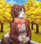  2017 5_fingers anthro breasts brown_hair canid canine canis day deerstail detailed_background digital_media_(artwork) domestic_dog female fingers forest grass hair heterochromia mammal outside plant scarf sky smile solo tree 
