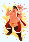  1boy abs artist_self-insert bara bare_pecs belly bikini_briefs black_hair blush bulge christmas clothing_cutout crotchless crotchless_pants english_text facial_hair full_body fur-trimmed_jacket fur-trimmed_legwear fur_trim goatee gradient_hair green_hair hat higemorigen highres jacket looking_at_viewer male_focus merry_christmas multicolored_hair muscular muscular_male navel nipples orange_male_underwear original pectorals plump santa_costume santa_hat short_hair solo textless thick_thighs thigh_cutout thighs v 