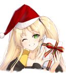  1girl absurdres alternate_costume alternate_headwear azur_lane black_coat blonde_hair coat face gift green_eyes hat highres hornet_(azur_lane) karla_(kimidori3) long_hair one_eye_closed santa_hat simple_background smile solo twintails 