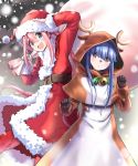  2girls :d absurdres animal_costume antlers bell belt blue_eyes blue_hair christmas eyebrows_visible_through_hair eyes_visible_through_hair fake_nose gloves hat highres holding hood hood_up jingle_bell kagamihara_nadeshiko long_hair multiple_girls n2midori open_mouth pink_hair purple_eyes red_nose reindeer_antlers reindeer_costume sack santa_costume santa_hat shima_rin smile snowing yurucamp 