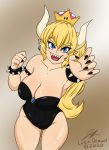  alternate_species armlet big_breasts blonde_hair blue_eyes bowser bowsette_meme breasts claws clothing crossgender crown ear_piercing ear_ring female hair hi_res high-angle_view horn horned_humanoid humanoid humanoid_pointy_ears humanoidized jeffthehusky leotard long_hair mario_bros meme nintendo not_furry pale_skin piercing sharp_teeth signature simple_background solo super_crown teeth thick_thighs video_games wide_hips 